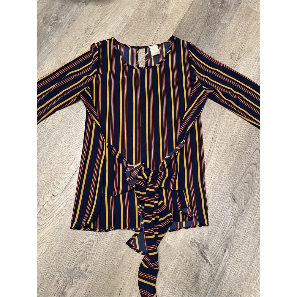 Bonded USA striped shirt blue‎ yellow burgundy size large women's Waist Tie